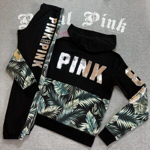 Victoria’s Secret PINK Palm Tree Sequin Bling Matching Outfit Set Hoodie & Pants
